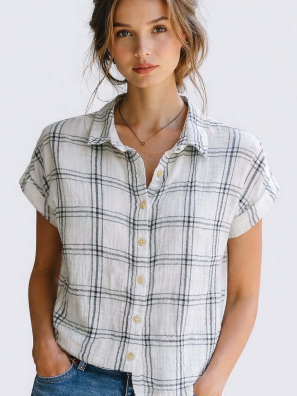 Thread & Supply pure gauze cotton cropped shirt, black and white plaid